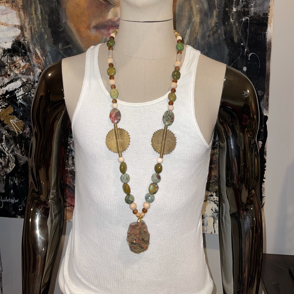 Hand crafted wood and stone bead tribal necklace